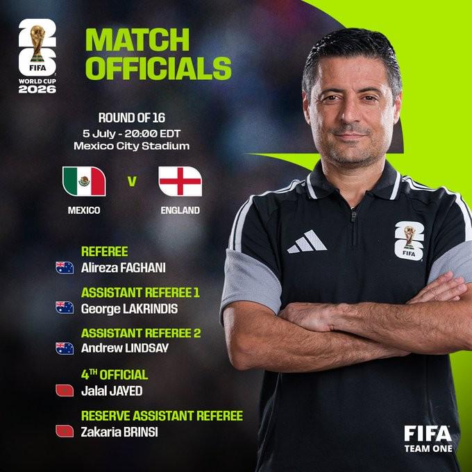 官方：澳大利亚裁判法加尼执法世界杯1/8决赛墨西哥vs英格兰