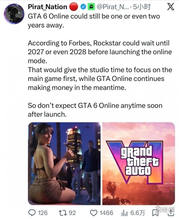 晴天霹雳！《GTA6》首发不带线上模式 或延后1